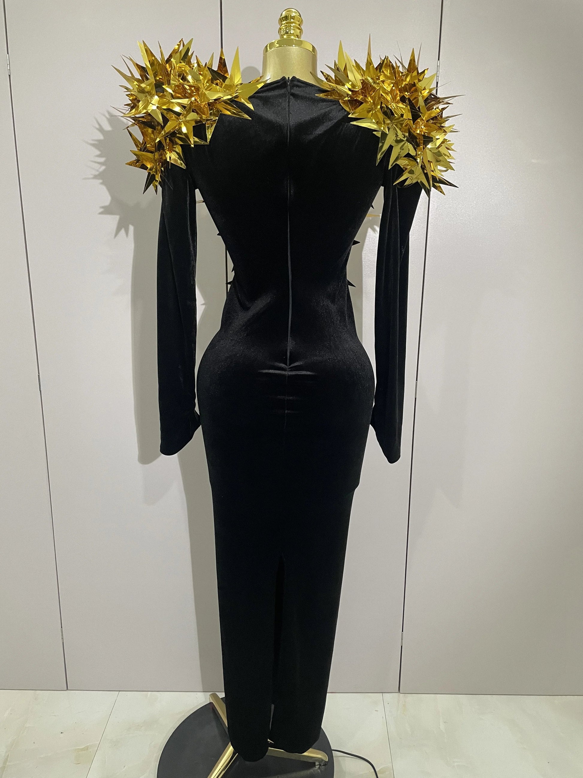Shiny Gold Star Rhinestone Velvet Long Dress Women Evening Birthday Party Club Gala Hosts NightClub Bar Stage Costumes