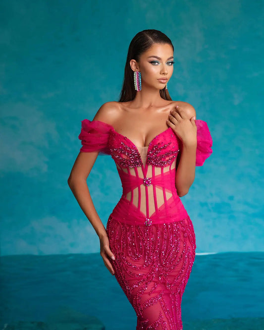 Dream Fuchsia Beaded Lace Mermaid Prom Dresses Off the Shoulder Corset Formal Party Dress vestidos de fiesta Evening Gowns