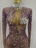 Shining Rhinestones Sexy Mesh See Through Long Dress Women Birthday Celebrate Evening Singer Show Stage Wear Photo Shoot Dress