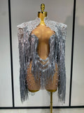 Rhinestones Tassels Mini Dress Suit Luxury Women Sexy See Through Mesh Party Club Dresses Performance Stage Outfit Silver