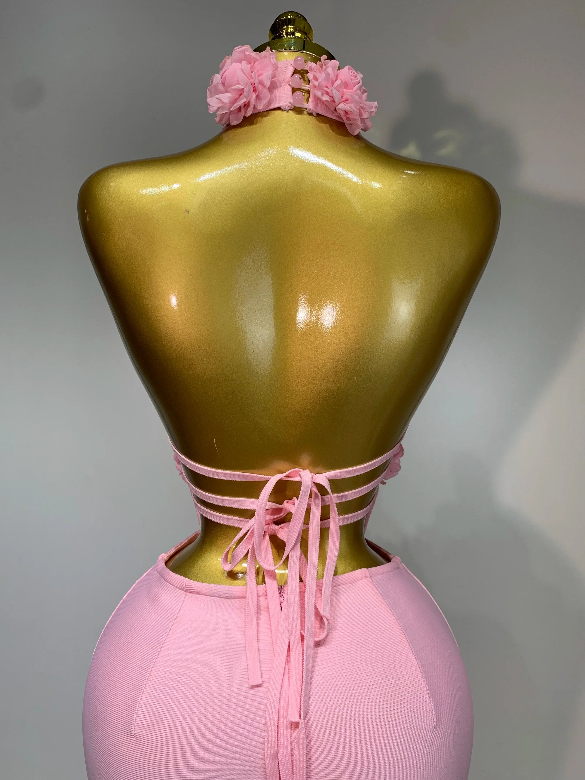 Luxury Birthday Dress Women Celebrity Sexy Halter Backless Flower Long Bandage Bodycon Dress Elegant Evening Party Outfit ﻿