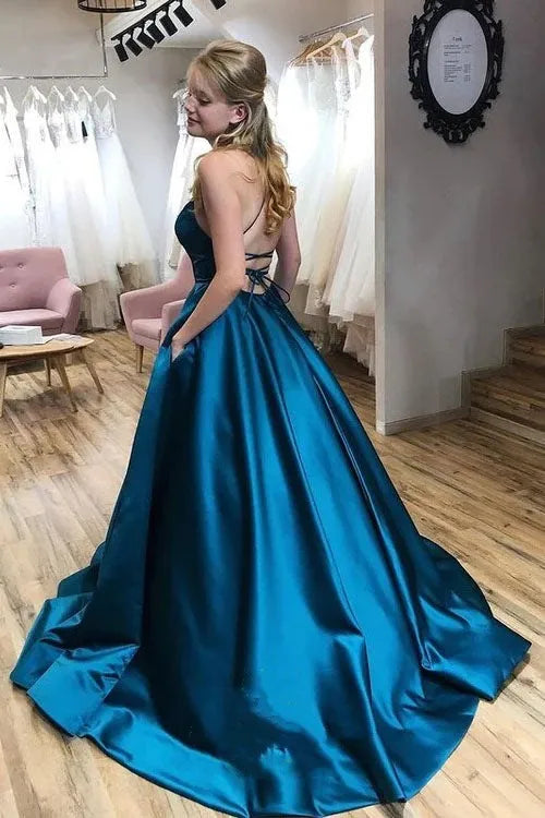 Elegant Long Prom Dresses Satin Simple Formal Party Dress with Pockets Square Neck Spaghetti Strap Backless Evening Gowns