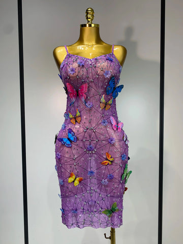 Sparkly Women Sexy Mesh See Through Dress Butterfly Purple Celebrity Luxury Birthday Nightclub Stage Outfit PURPLE