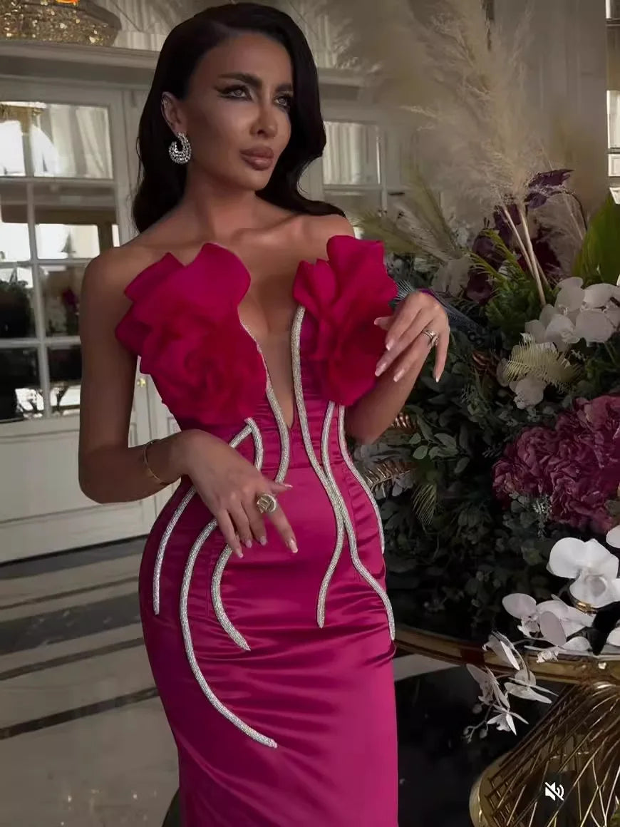 Summer Rose Red Stereoscopic Flowers Sparkling Diamonds Chain Ankle Lenght Bandage Dress Elegant Woman Evening Dress