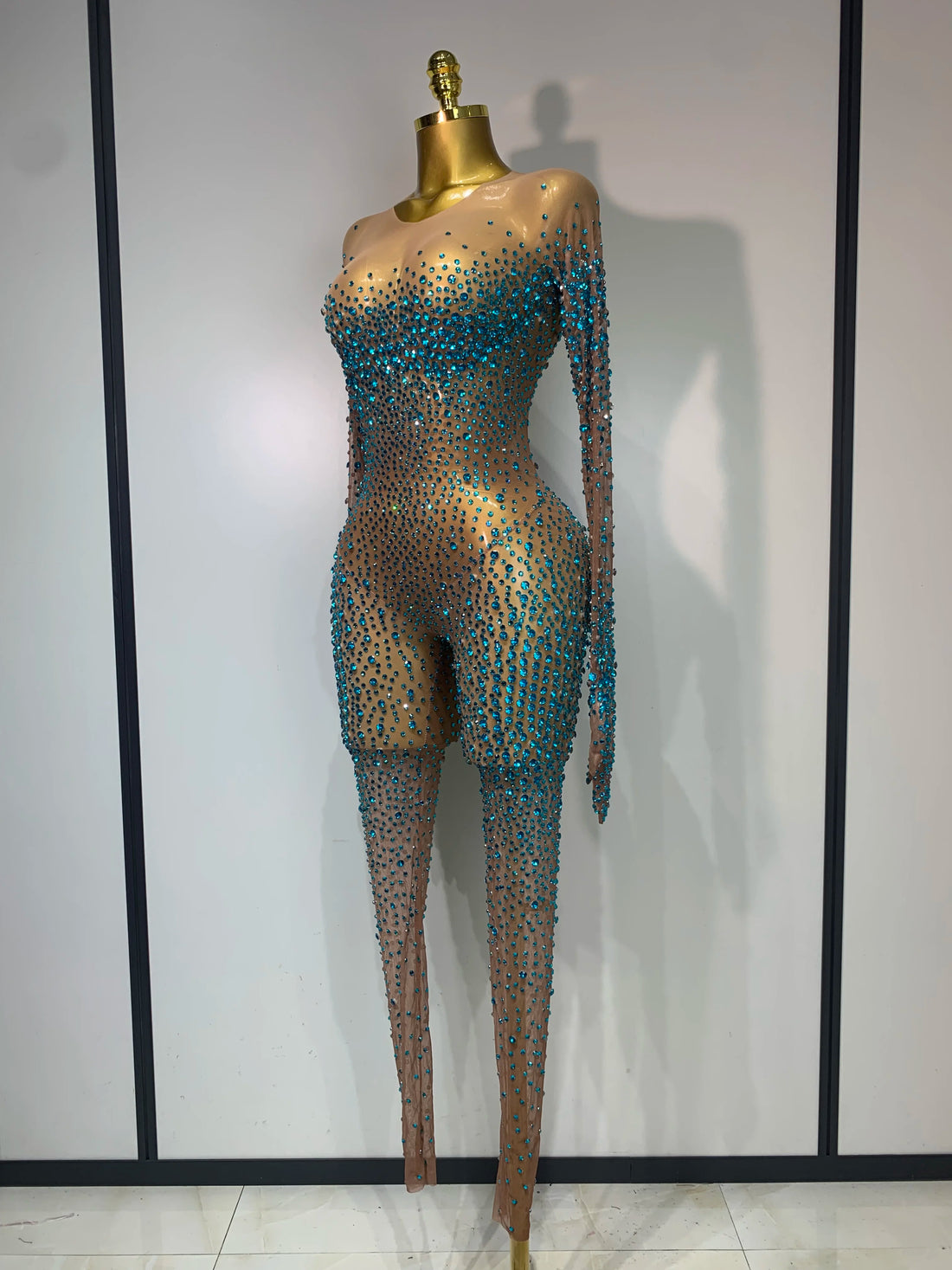 Luxury Rhinestones Bodycon Jumpsuit Sexy Women Mesh See Through Birthday Gown Women Bar Nightclub Dancer Stage Outfit blue diamond