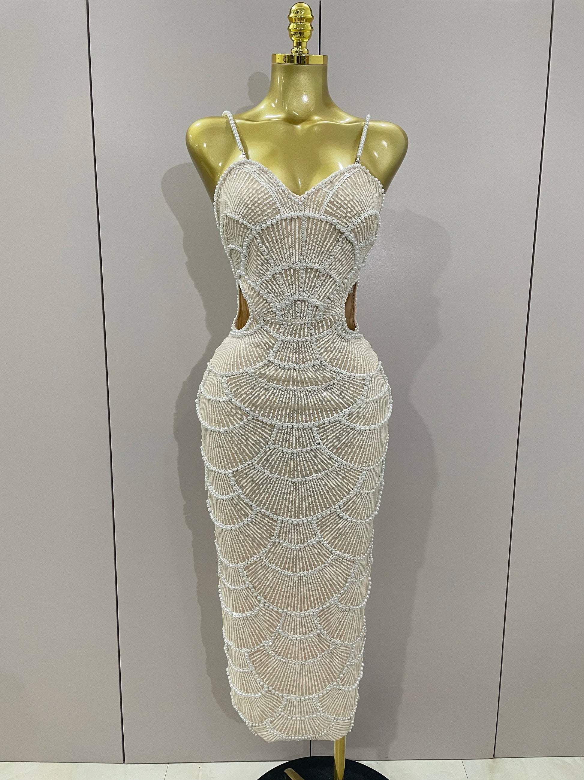Women Hot Sale Sleeveless Sexy Strap Pearl Beading Sequins Bodycon Long Dress Celebrate Evening Party Birthday Outfit Vestido Beige