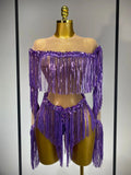 Sparkly Tassel Rhinestones Long Sleeves Sexy Stretch Mesh See Through Bodysuit Women Nightclub Stage Singer Perform Costume PURPLE