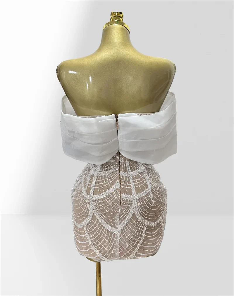 Luxury Pearl Beading White Sequins Sexy Off The Shoulder White Mini Dress Woman Wedding Party Vestido Birthday Party Outfit