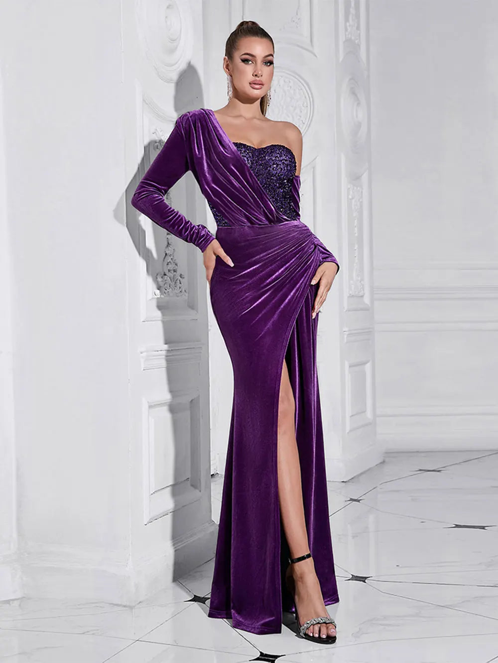 Sexy Women Light Luxury Sparkle Velvet Dress with Diagonal Collar Long Sleeve Draped Bodycon Split Body Long Dress Vestidos