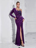 Sexy Women Light Luxury Sparkle Velvet Dress with Diagonal Collar Long Sleeve Draped Bodycon Split Body Long Dress Vestidos