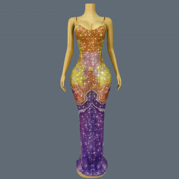Sparkly Rhinestone Sexy Long Strap Dress High-end Evening Dress for Women Birthday Celebrate Party Chic Dresses Qiancaifanghua AS PHOTO