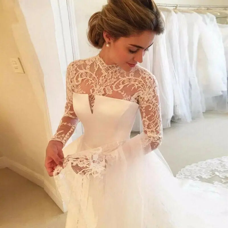 Manches longues robes De mariée Vintage balayage Train Robe De Novia dentelle Satin dos ouvert sur mesure Robe De mariée 