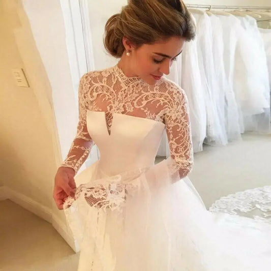 Vestidos De Novia Vintage De manga larga, Vestido De Novia De encaje satinado con espalda abierta, Vestido De novia hecho a medida 