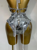 Sprakly Silver Bodysuit Sexy Two Pieces Outfit Dancer Birthday Evening Party Celebrate Performance Singer Stage Perform Outfit