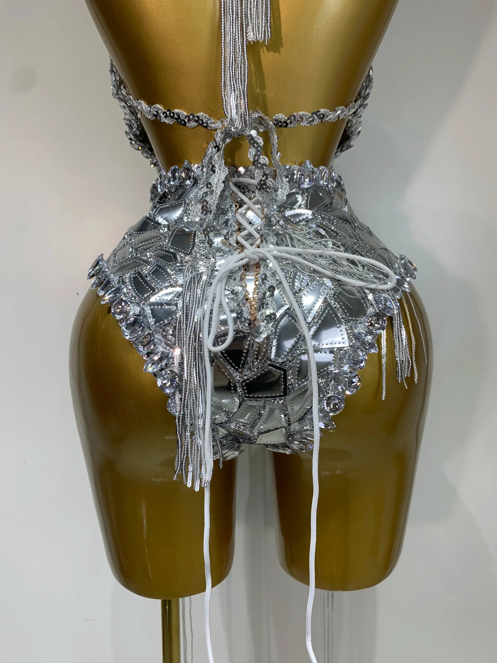 Sprakly Silver Bodysuit Sexy Two Pieces Outfit Dancer Birthday Evening Party Celebrate Performance Singer Stage Perform Outfit