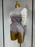 Sparkly Luxury Sheath Bodysuit Women Sexy Pearls Rhinestone Flowers Stage Singer Outfit Nightclub Performance Dance Costume