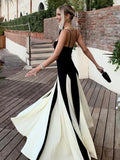 Color Block Spaghetti Straps Long Dress For Women Backless A-Line Maxi Celebrity Cocktail Party Evening Gowns Casual Vestidos