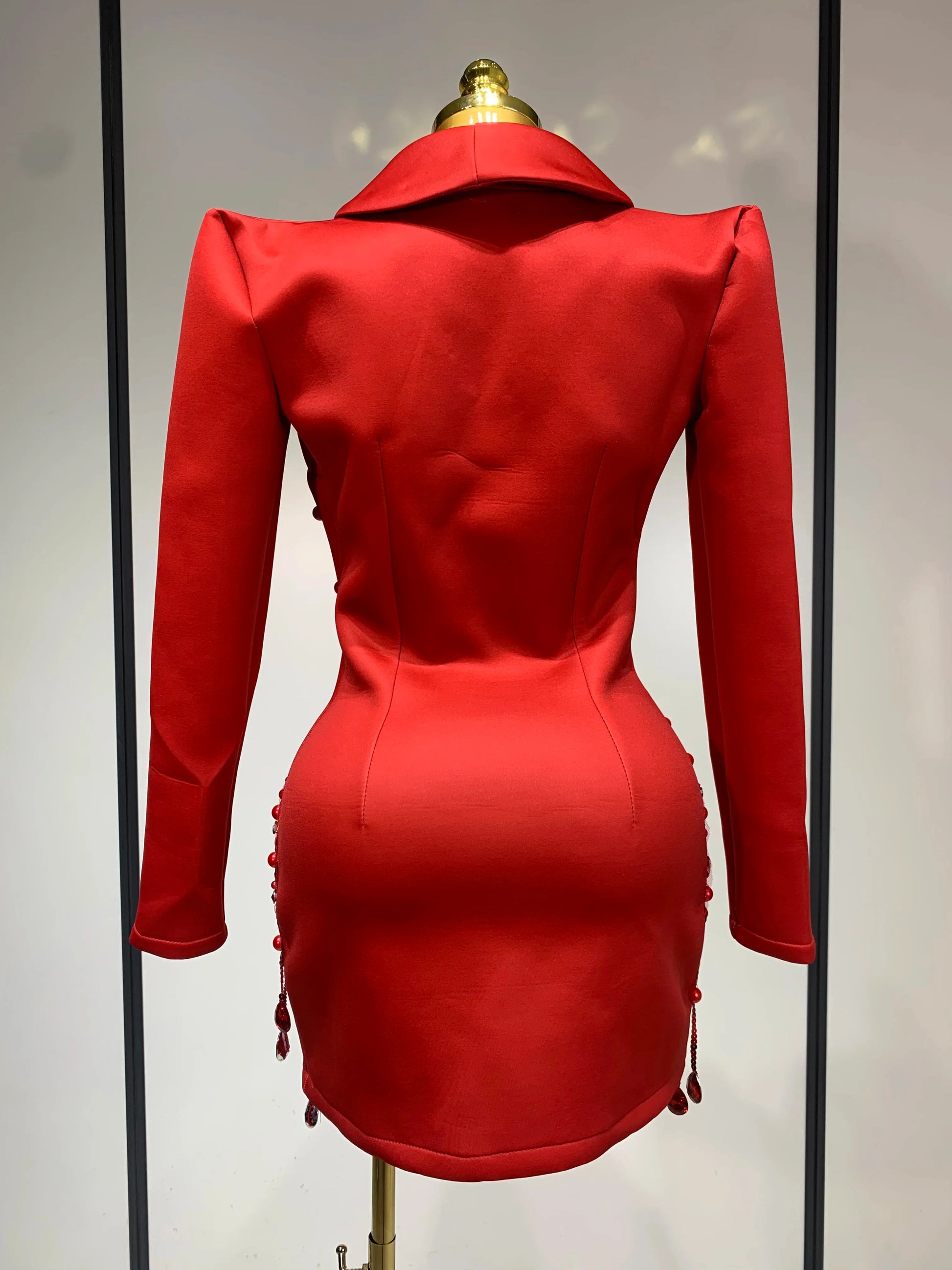 Luxury Rhinestone Deep V-Neck Slim Fit Red Suit Dress Fashion Celebirty Elegant Evening Club Party Dresses