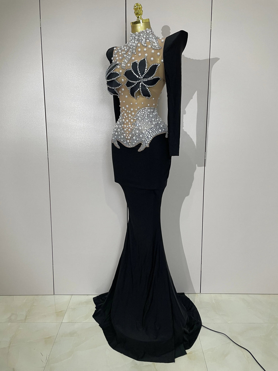 Sparkly Diamonds Pearl Black Sexy See Through Mesh Long Dress Women Wedding Evening Luxury Birthday Party Stage Photoshoot Dress black