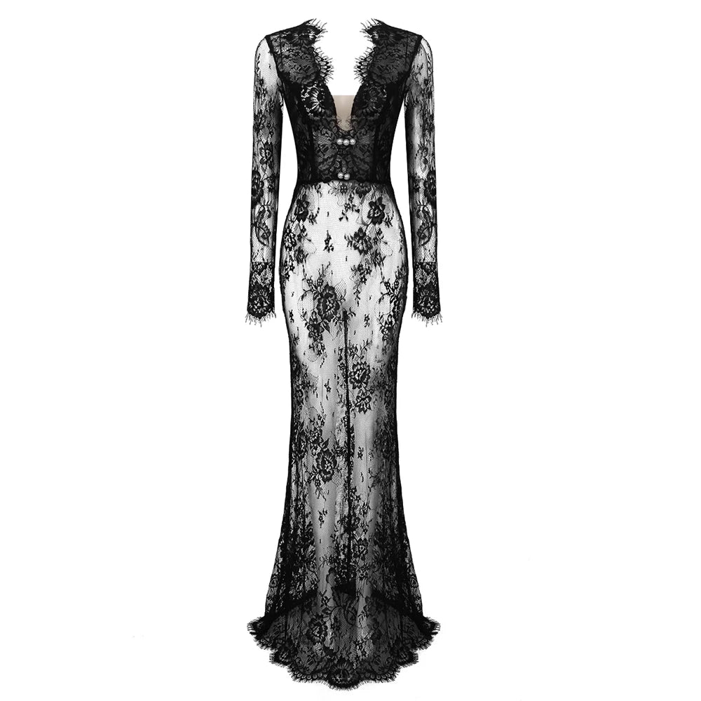 Black Long Dresses For Women Sexy V Neck Long Sleeve Lace Evening Maxi Gown Fashion Summer Dresses black