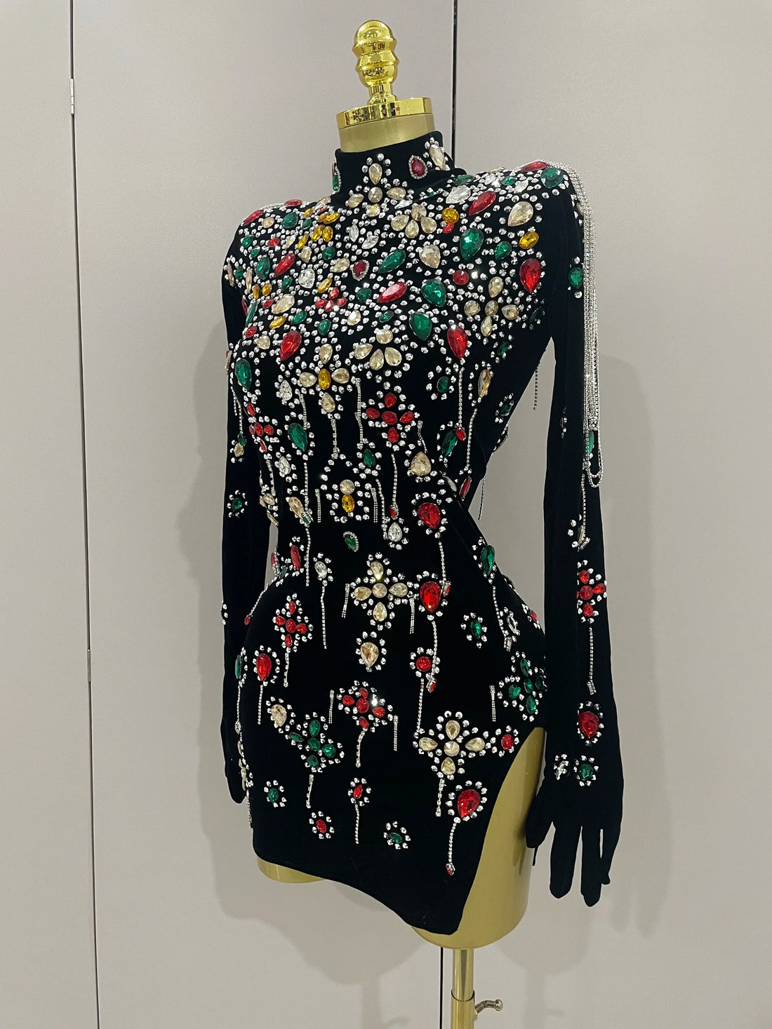 Sexy Sparkle Multicolor Rhinestones Black Velvet Gloves Slit Short Dress Women Evening Birthday Party Club Stage Costume black