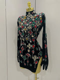 Sexy Sparkle Multicolor Rhinestones Black Velvet Gloves Slit Short Dress Women Evening Birthday Party Club Stage Costume