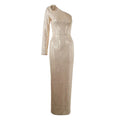 Women's Light Luxury Glitter Dress with Diagonal Collar Single Shoulder Sleeve 3D Flower Decoration Bodycon Long Dresses Gold