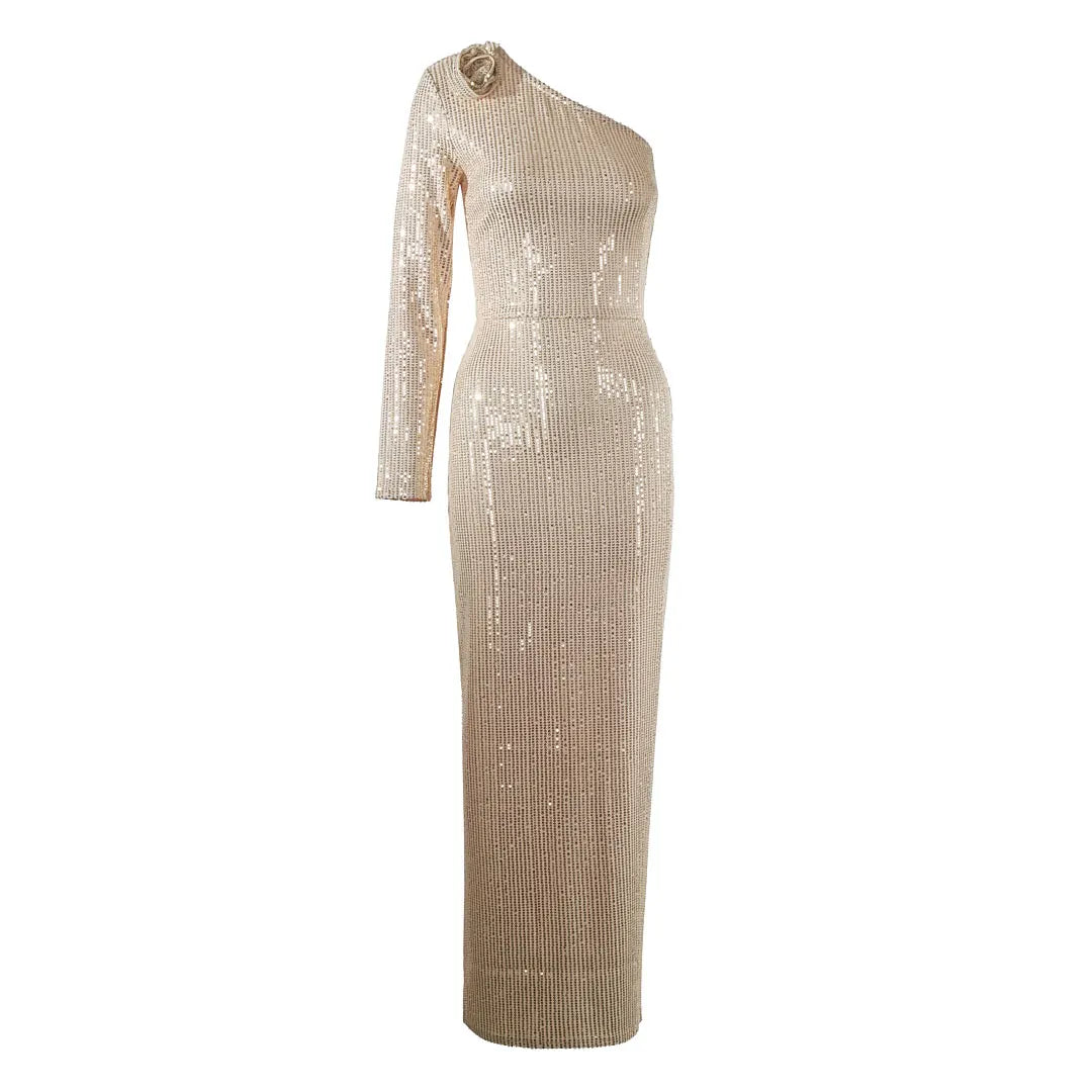 Women's Light Luxury Glitter Dress with Diagonal Collar Single Shoulder Sleeve 3D Flower Decoration Bodycon Long Dresses Gold