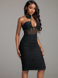 Sexy Women'S Black Chiffon Dress Hanging Neck Style Sleeveless Three-Dimensional Flower Design Bodycon Backless Mini Dress