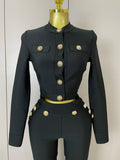 Golden Buttons Short Coat Top And Flare Pants Bandage 2 Pieces Set Woman Celebrity Evening Party Vestidos