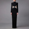 Luxury Squares Diamonds Sexy Hollows Out Blackless Long Dress Elegant Goddess Evening Dress Celebrity Party Outfit black