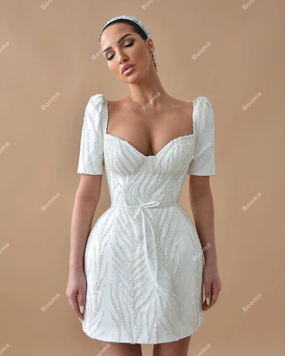 Glitter Short Wedding Party Dresses Short Sleeves Sequins Bride Dress after Wedding Formal Evening Dresses for Women gala