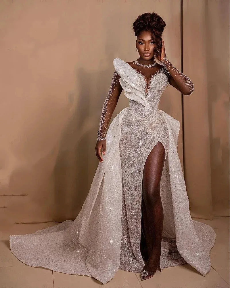 African Luxury Full Beaded Side Slit Wedding Dress Leaf Design Detachable Train Women Dubai Bridal Gowns Vestido De Casamen As picture