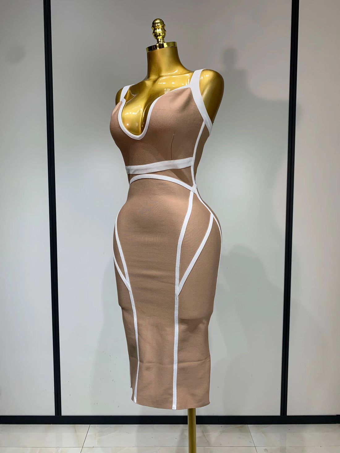 Women Sexy V Neck Striped Midi Bandage Bodycon Dress Celebrity Elegant Evening Club Party Luxury Birthday Outfit Khaki