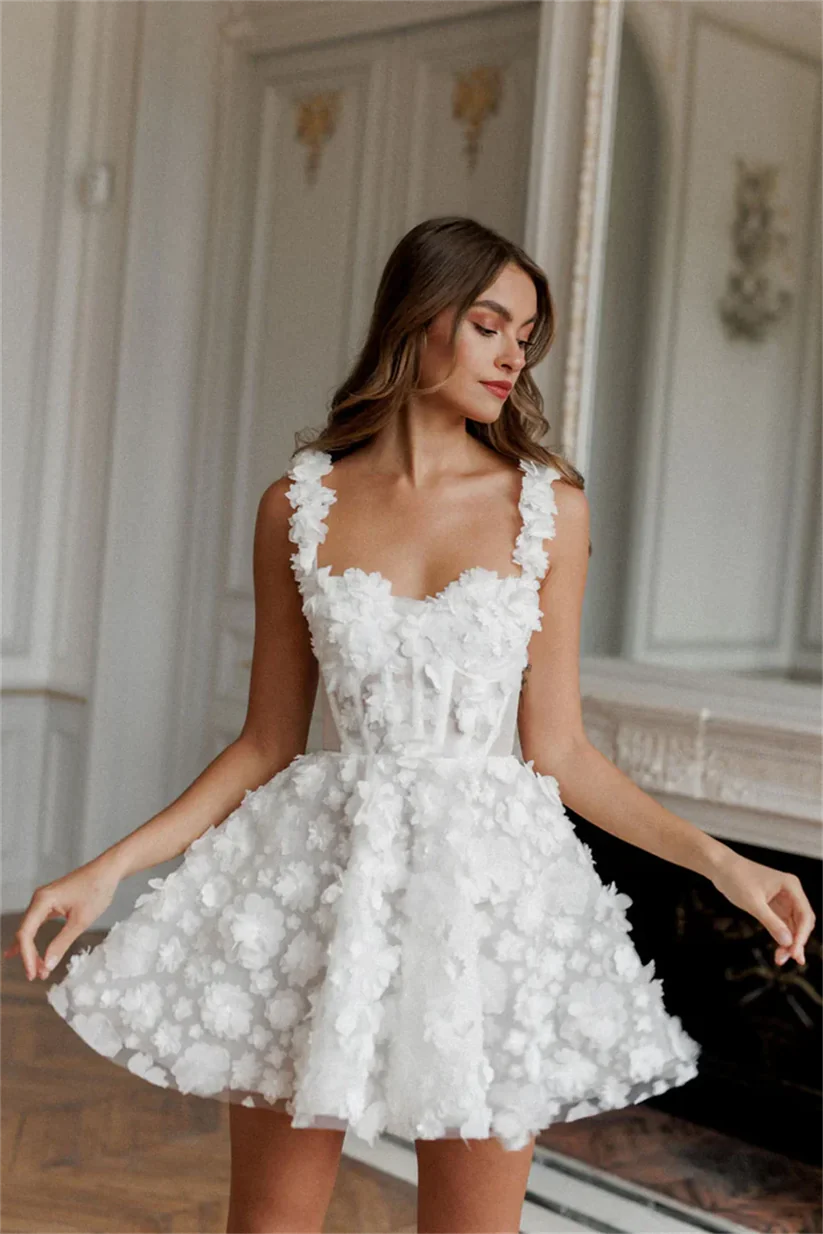 Vestidos elegantes de fiesta de boda, corte en A, escote en forma de corazón, flores 3D, vestidos de novia de encaje para mujer, vestidos de cóctel sin mangas 2024