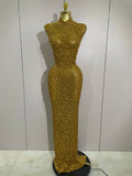 Sexy Sparkly Crystal Diamonds Mesh See Through Long Dress Women Elegant Party Costume Singer Stage Performance Outfit Gold