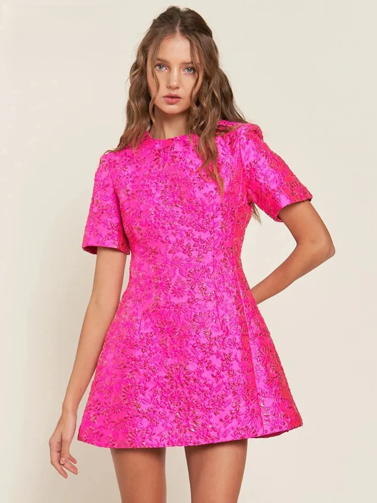 Elegant Dresses For Women Chic Beautiful Flower Jacquard Hot Pink Gowns Short Sleeve Mini Dresses Summer