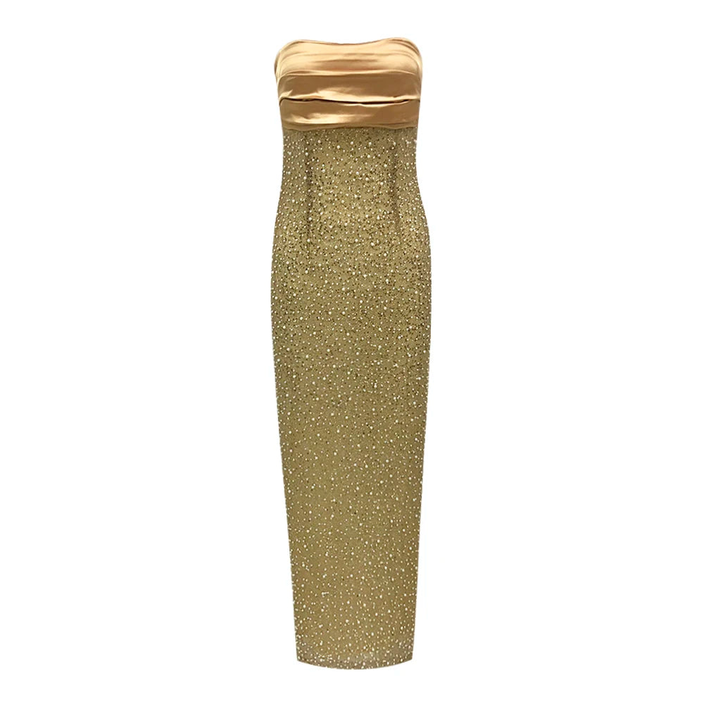 Strapless Luxurious Gold Pearls Details Women's Long Dress Beaded Elegant Slim Bodycon Evening Party Birthday Dress Vestidos Gold