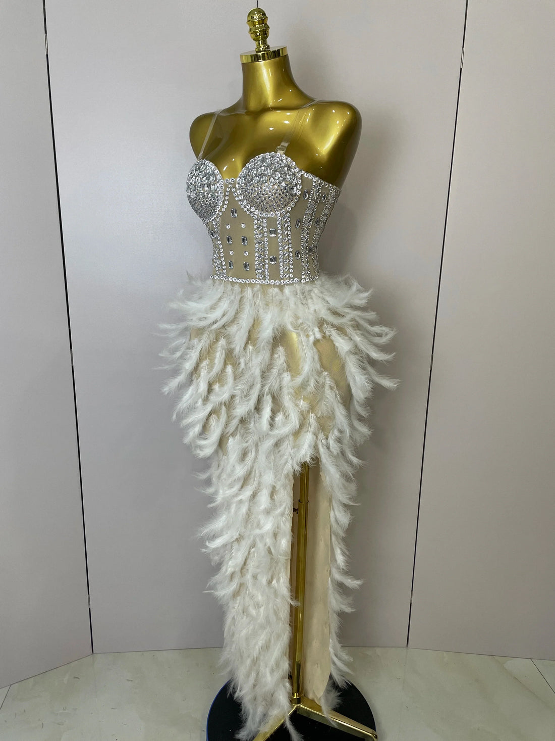 Women Sexy Sparkly Rhinestone Mesh Feather Long Dress Elegant Evening Party Celebrate Birthday Performance Costume WHITE