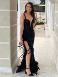 Black Pearls Long Dress Spaghetti Straps Sweetheart Neck Feathers Embellished Split Sequins Party Evening Gown With Gloves