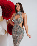 Sparkling Green Sequins Crystal Cut-Out Mermaid Sleeveless Dress Gown for Balls Party