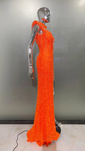 Orange Sequins Bead Tassel Hollow Out High Slit Floor Lenght Dress Woman Birthday Party Dress Stage Performance Cos