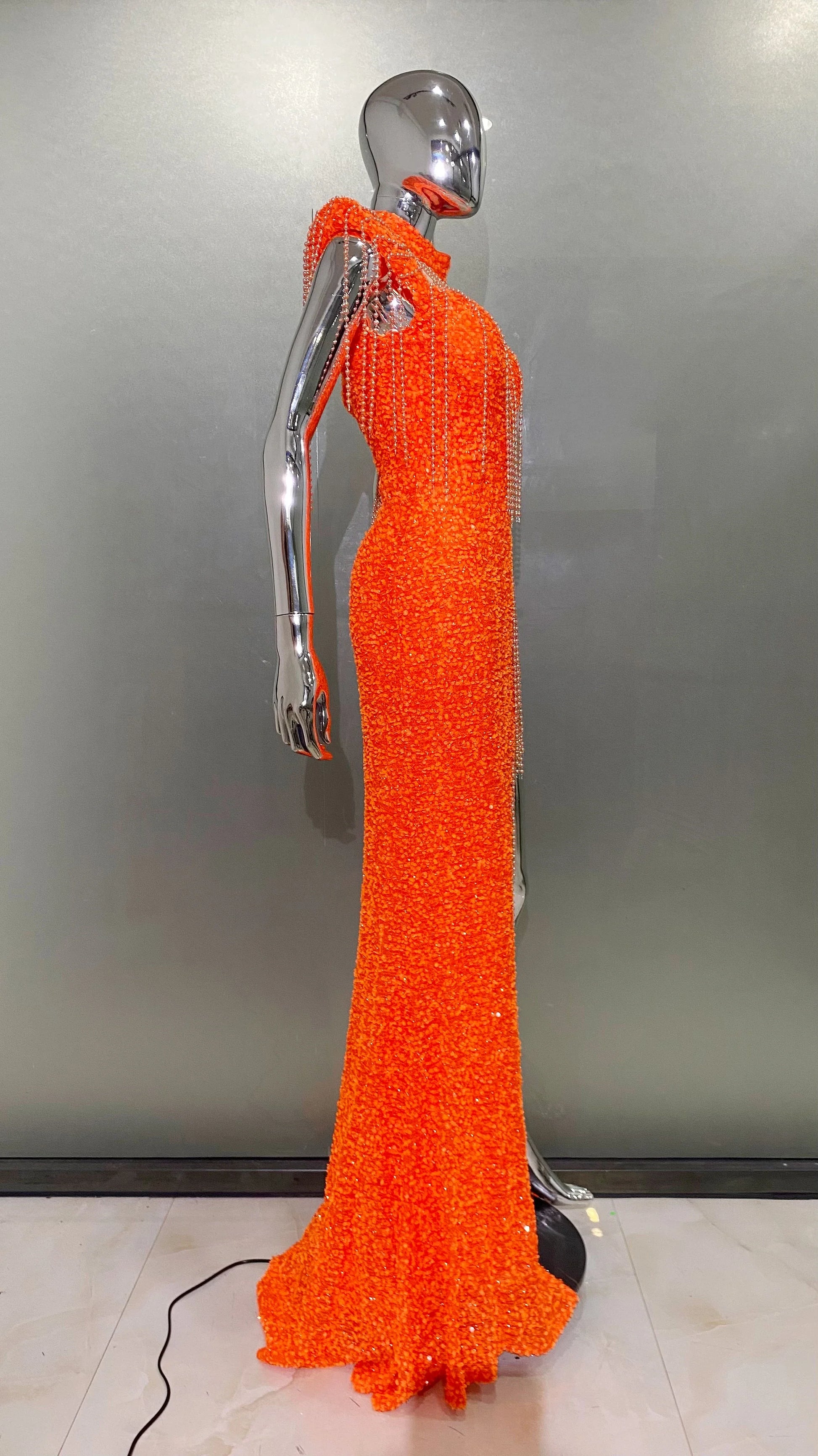 Orange Sequins Bead Tassel Hollow Out High Slit Floor Lenght Dress Woman Birthday Party Dress Stage Performance Cos