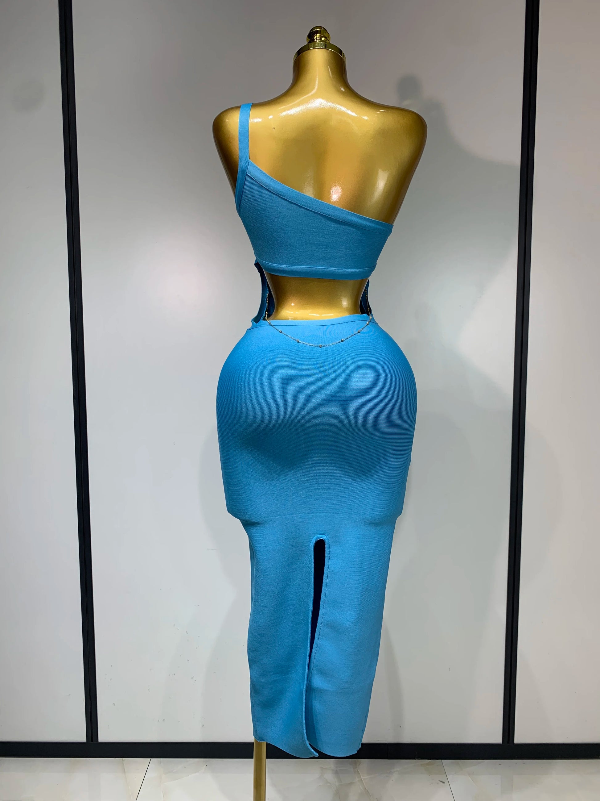 Luxury Birthday Dress Women Blue Bodycon Bandage Dress One Shoulder Sleeveless Backless Dress Cocktail Evening Party Vestidos