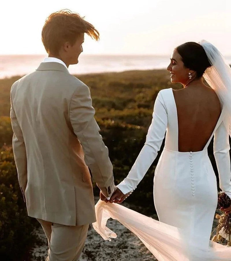 Robe De mariée sirène élégante à manches longues, Sexy, col bateau, avec traîne, dos nu, boutons