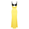 Women Cut-out Long Dress Temperament Contrast Color Combo V Neck Suspender Backless Slit Slim Mermaid Party Evening Gowns Yellow