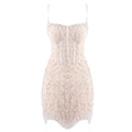Stunning Beige Sleeveless Pearl Short Wedding Mini Dress Party Evening Gown Beige