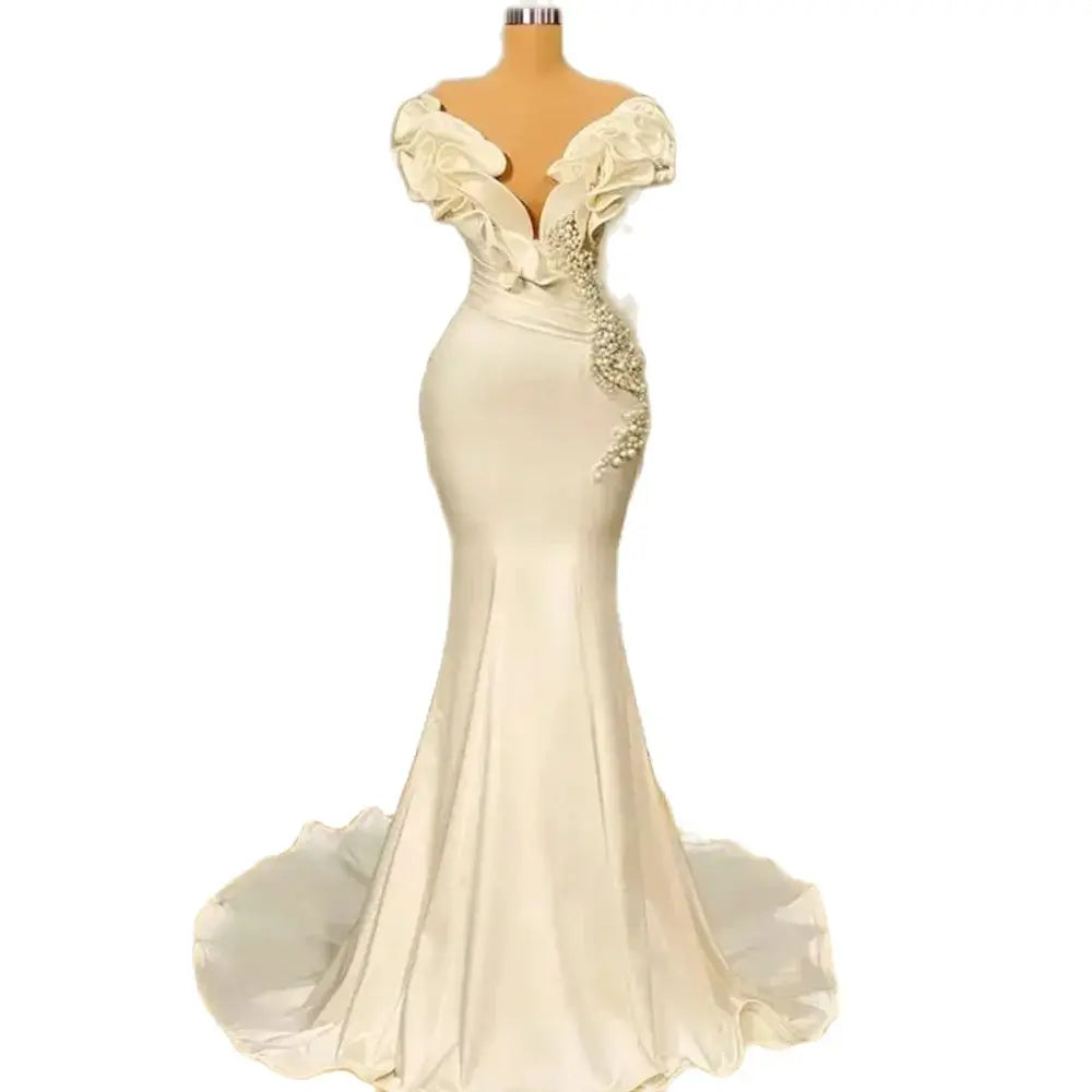 Bunga satin Deep V-Neck Malam Gaun Perempuan Elegant Milky White Lengan Pernikahan Parti Pernikahan Gaun Mermaid Pearl Bride