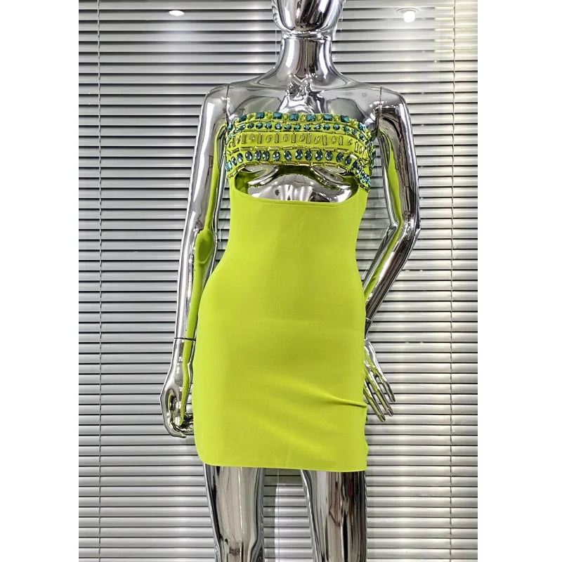 Shining Diamonds Sexy Hollow Strapless Sheath Green Bandage Mini Dress Fashion Woman Party Dress Music Festival Outfit