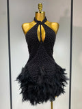 Sexy Backless Feathers Performance Costume Stage Dancer Black Mini Stretchy Nightclub Luxury Birthday Evening Party Dresses Black